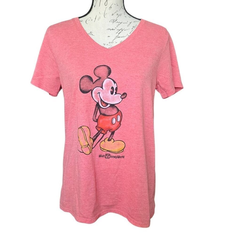 Walt Disney World Women's Size Large Marled Pink Mickey Mouse V-Neck T-Shirt